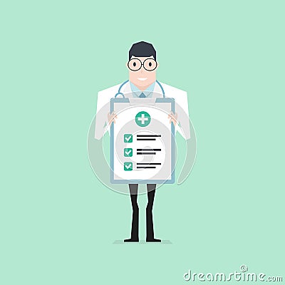 Doctor holding a clipboard check up paper. Health check up. Vector Illustration