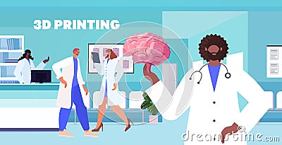 doctor holding human transplantation brain organ model prints on 3d bio printer medical printing biological engineering Vector Illustration