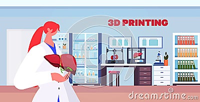 doctor holding human transplantation liver organ model prints on 3d bio printer medical printing biological engineering Vector Illustration