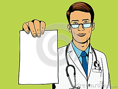 Doctor holding medical prescription pop art vector Vector Illustration