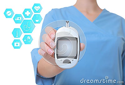 Doctor holding modern medical device and informational icons on white background Stock Photo