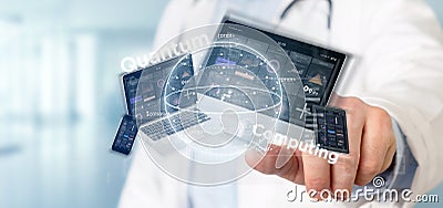 Doctor holding Quantum computing concept with qubit and devices 3d rendering Stock Photo