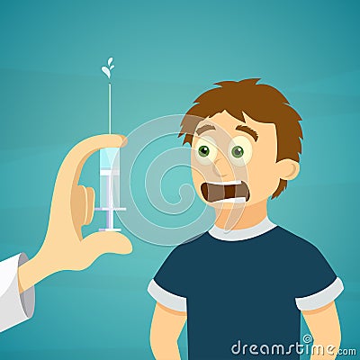 Doctor holding a syringe with injection. Boy is afraid. Stock ve Vector Illustration