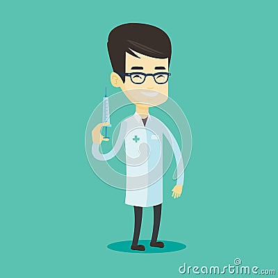 Doctor holding syringe vector illustration. Vector Illustration