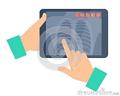 Doctor holding a tablet computer with lung radiography. Telemedicine, telehealth. Vector Illustration