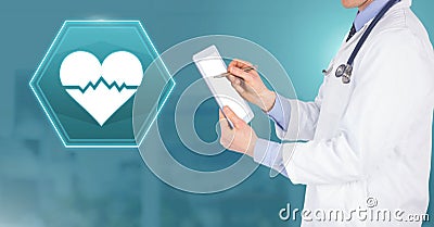 Doctor holding tablet with medical heart bpm rhythm interface hexagon icon Stock Photo