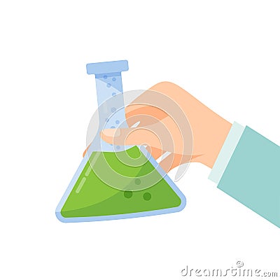 Doctor holds flask in hands. Chemistry laboratory. Laboratory research. Vector Illustration