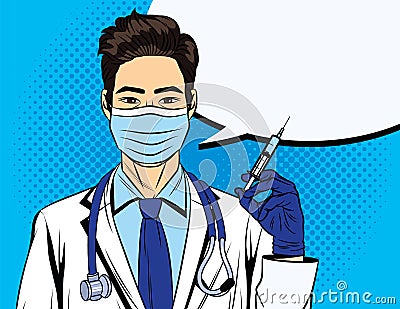 he doctor holds a syringe in his hand. Vector Illustration