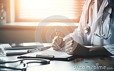 Doctor in hospital on duty in white coat reading patient's information with pen in hand, filling prescription or checklist Stock Photo