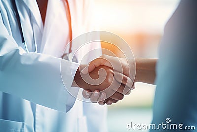 Doctor in hospital shaking hands with patient. Health care visit to medical clinic with agreement handshake Stock Photo