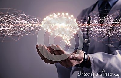 Doctor with human brain. Medical technology concept Stock Photo