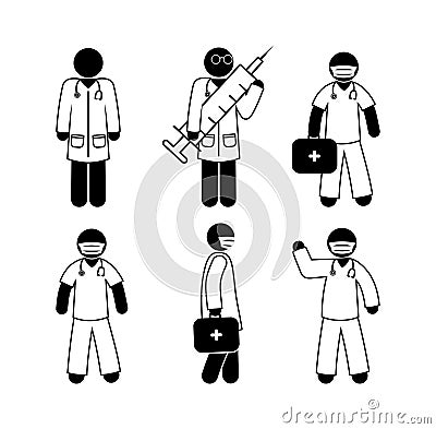 Doctor icon, paramedic stick figure, medical worker pictogram isolated Vector Illustration