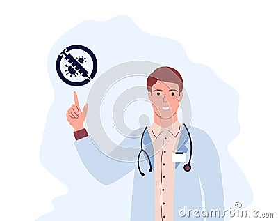 Doctor indicates the need for vaccination against coronavirus, a young medical worker stands Vector Illustration