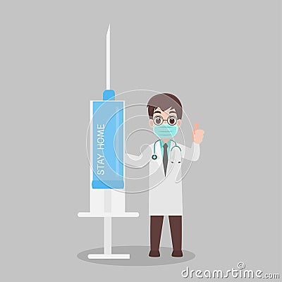 Doctor with injection needle character for vaccinate Vector Illustration