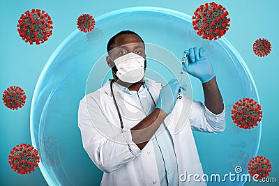 Doctor inside a glass sphere found a solution to protect himself against covid19 coronaviruses. Stock Photo