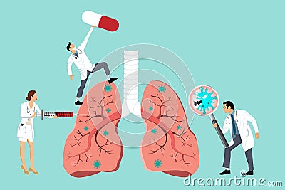Doctor inspecting the affected of damaged from Coronavirus cells on lung by magnifying glass. Doctor fight CoVID-19 by hypodermic Vector Illustration