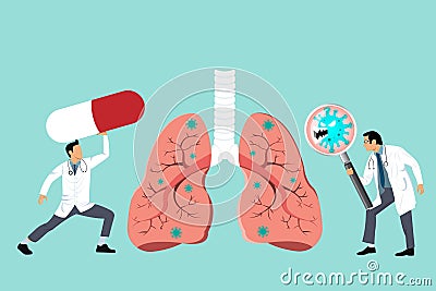 Doctor inspecting the affected on lung by magnifying glass. Damaged from Coronavirus cells. COVID-19 with scary and evil face Vector Illustration