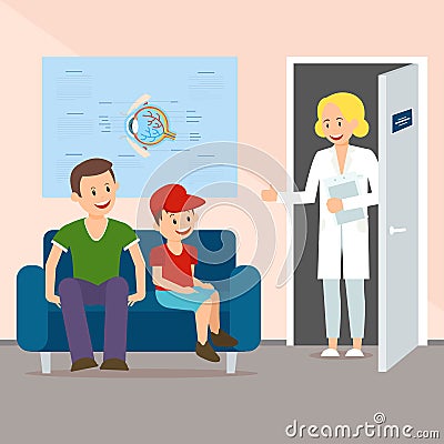 Doctor Inviting Father with Son to Check Eyesight. Vector Illustration