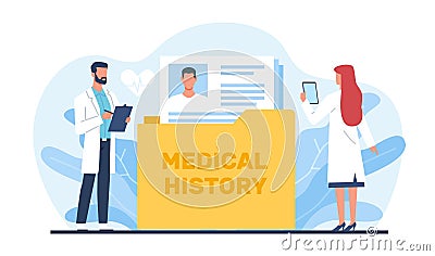 Doctor keeps record of patients medical history and health information. Anamnesis for diagnosis and treatment. Document Vector Illustration