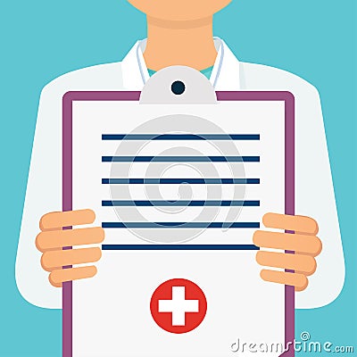 Doctor with lab coat holding a clipboard with medical report, p Vector Illustration