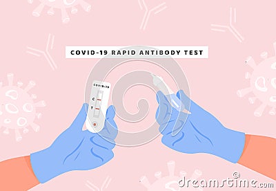 A doctor in latex gloves holding Covid-19 Rapid Antibody test and Testing Tube. A nurse hands with Coronavirus Express Vector Illustration