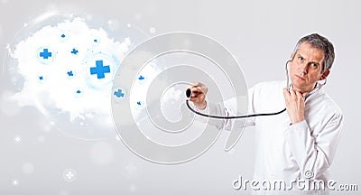 Doctor listening to abstract cloud with medical signs Stock Photo