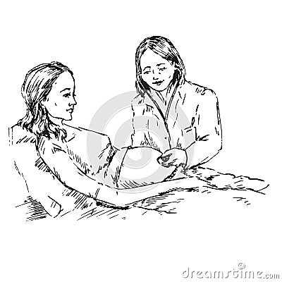 Doctor listens with a stethoscope to a pregnant woman`s belly, hand drawn doodle, sketch Vector Illustration