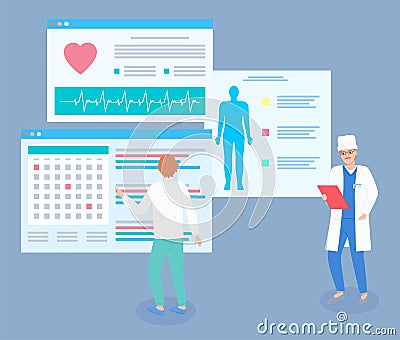Therapist looking at medical website with calendar, planning date of visiting patients, doctors Vector Illustration