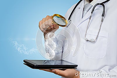 Doctor looks at a hologram of paragraph through a magnifying glass Stock Photo
