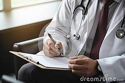 Doctor looks over mans file while he sits in chair. AI Generated Stock Photo