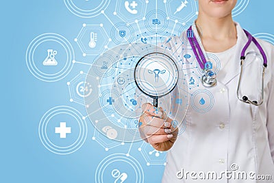 A doctor with a magnifier and a gynecology structure system Stock Photo