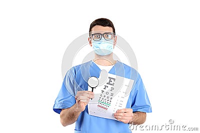 Doctor with magnifier and vision test isolated on white background Stock Photo