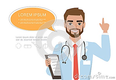 Handsome male doctor raising up his finger to give advice or recommendation. Hospital worker speaking with speech bubble Vector Illustration