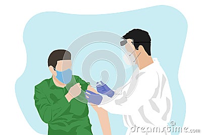 Doctor makes vaccination to male patient. Injecting vaccine, treatment of coronavirus vector illustration Vector Illustration