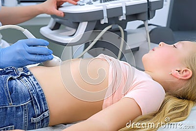 Doctor is making abdominal ultrasound for child girl using scanner, side view. Stock Photo