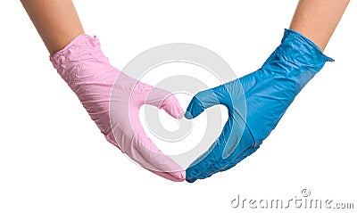 Doctor making heart with hands in different medical gloves Stock Photo