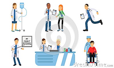 Hospital Daily Routine With Ophthalmological Tests, Reception, Dropper With Saline And Other Actions In Vector Vector Illustration
