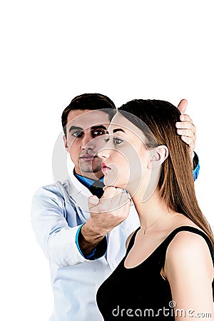 Examination of plastic surgery doctor, patient and consultation Stock Photo