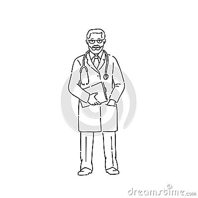 Doctor man in professional uniform. Line art style character vector black white isolated illustration. Vector Illustration