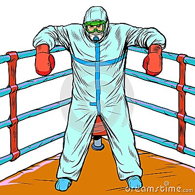 Doctor man in protective suit after the battle. Treatment as a Boxing concept, epidemic Vector Illustration