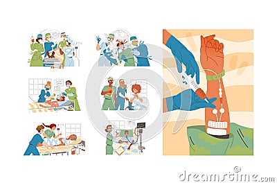 Doctor in Mask Giving Treatment to Patient Being in Hospital as Medical Staff Working in Clinic Vector Set Vector Illustration