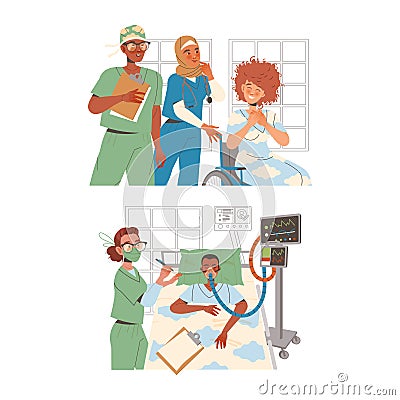 Doctor in Mask Giving Treatment to Patient Being in Hospital as Medical Staff Working in Clinic Vector Set Vector Illustration