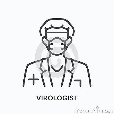 Doctor in mask line icon. Vector outline illustration virologist glasses, respirator and hat. Nurse in pandemic support Vector Illustration