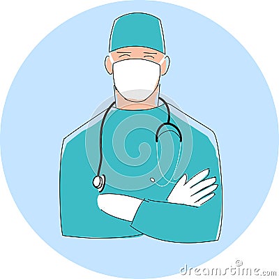 Doctor in mask. Male surgeon. Flat style design illustration with thin black outline. Vector Illustration