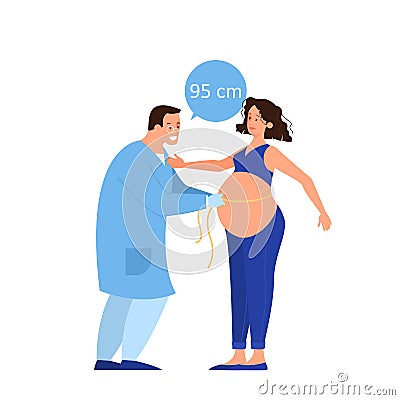 Doctor measuring belly of pregnant woman. Female character Vector Illustration