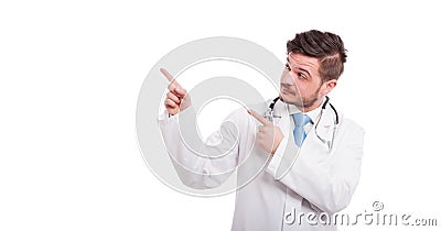 Doctor or medic pointing up with index finger Stock Photo
