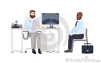 Doctor or medical adviser sitting at desk with computer and giving consultation to male patient. Man at physician s Vector Illustration