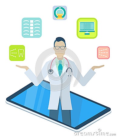 Doctor in Medical App on Phone, Online Medicine Vector Illustration