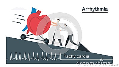 Doctor and medical assistant push heart that flows down quickly. This heart disease called tachycardia arrhythmia. Periodic signal Vector Illustration