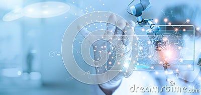 Doctor and medical assistant robot analysis and testing result of DNA on modern virtual interface, science and technology, Stock Photo